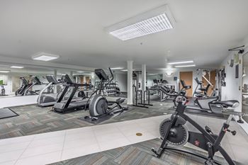 A spacious gym with a variety of exercise equipment.